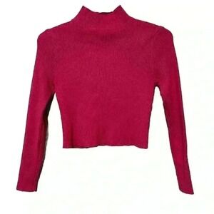 Paper Heart Hot Pink Mock Neck Ribbed Crop Sweater S
